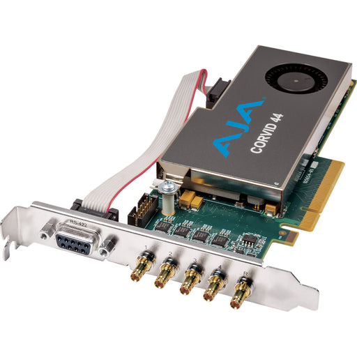 AJA Corvid 44 CRV44-T-R0 8-lane PCIe 2.0 x8 video I/O card with four bidirectional 3G-SDI BNC connectors, tall bracket, and passive cooling.