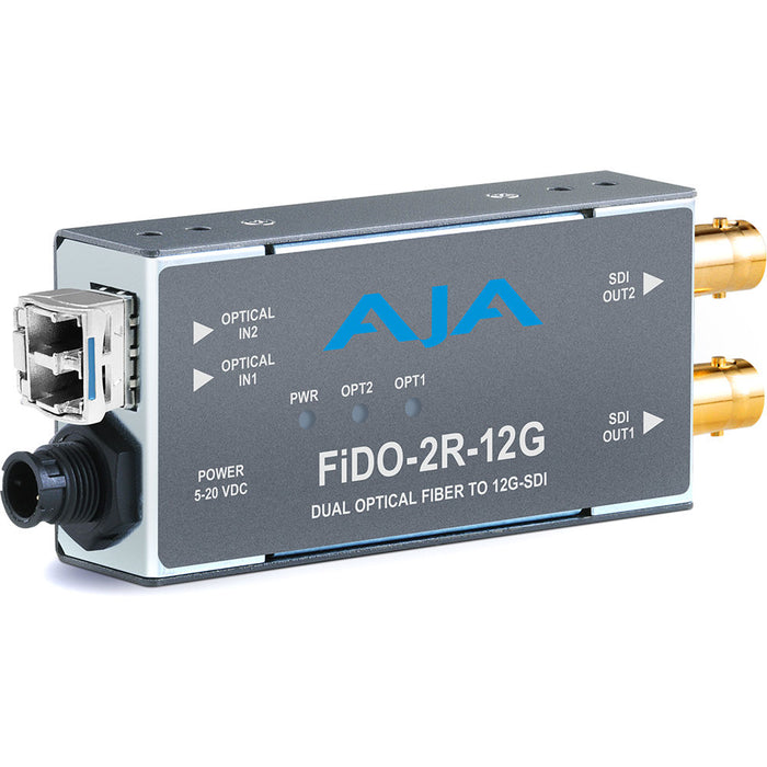 Compact 2-channel fiber optic to 12G-SDI receiver with dual LC inputs for high-resolution video signal conversion.