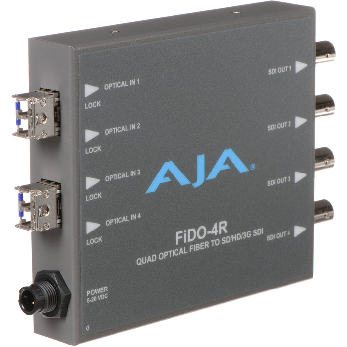 Four-channel fiber optic to 3G-SDI receiver with LC connectors for high-density HD video signal conversion.