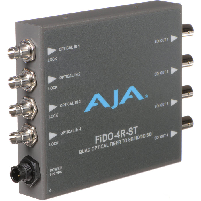 Four-channel fiber optic to 3G-SDI receiver with ST connectors for high-density HD video signal conversion over long distances.