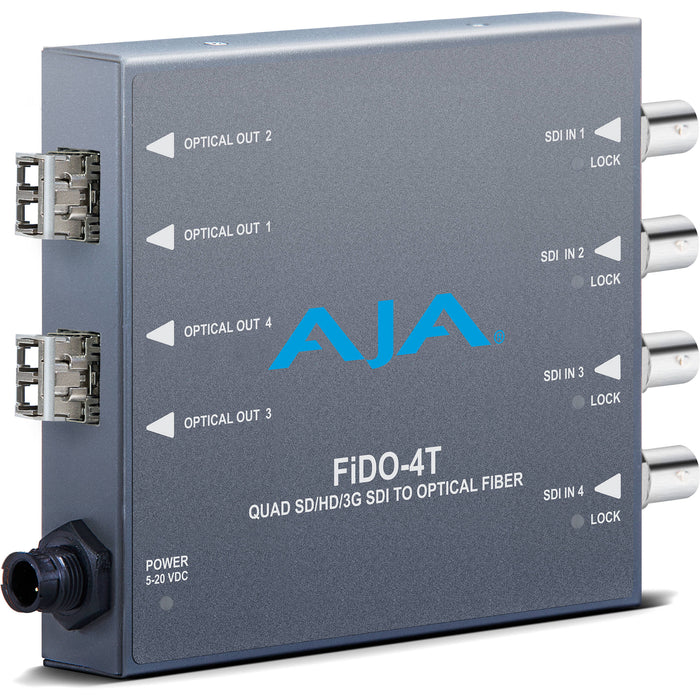 Four-channel 3G-SDI to fiber optic transmitter with LC multimode connectors for high-density HD video signal transmission.