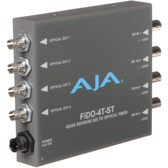 Four-channel 3G-SDI to fiber optic transmitter with ST connectors for high-density HD video signal transmission over long distances.