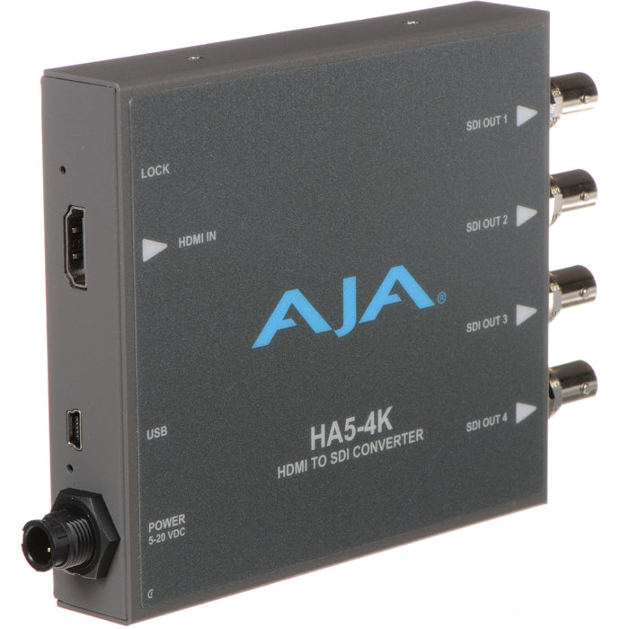 AJA HA5-4K-R0 is an HDMI to 4K SDI converter, supporting up to 4K/UltraHD video, with audio embedding and dual 3G-SDI outputs.