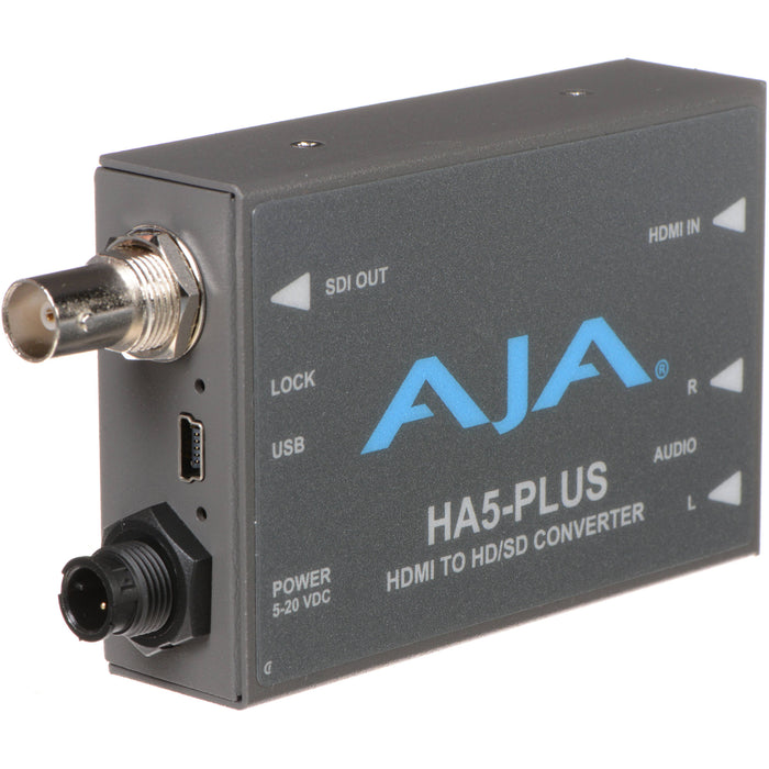 AJA HA5-PLUS-R0 is an HDMI to SDI converter that supports up to 1080p60 video, with audio embedding and robust signal conversion.