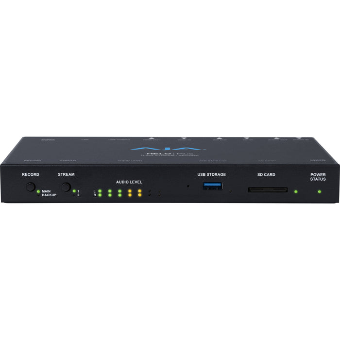 AJA HELO Plus – Advanced H.264 streamer & recorder with 3G-SDI, HDMI, dual-channel streaming, simultaneous recording, and customizable layouts.