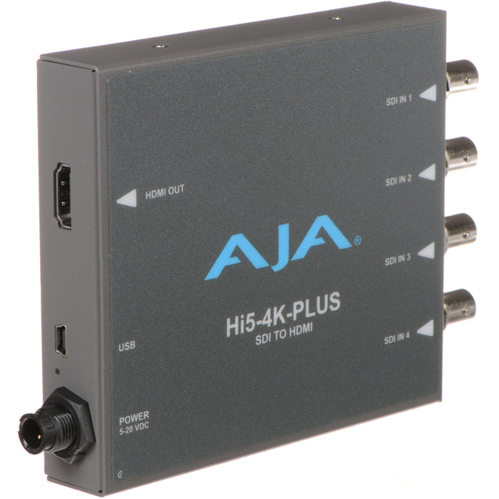 AJA Hi5-4K-Plus Mini-Converter – Professional 4K/UltraHD SDI to HDMI 2.0 converter for high-quality video monitoring with HDR support.