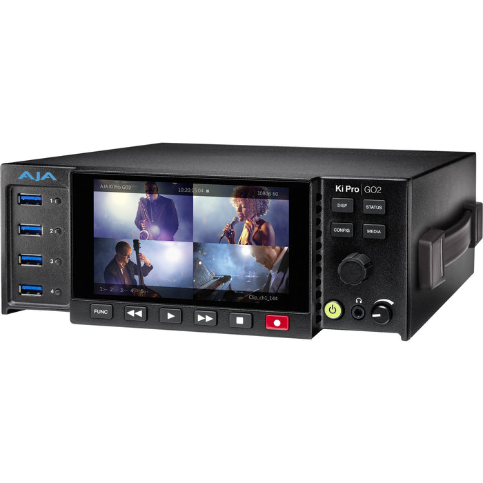 AJA Ki Pro GO2 – Portable multi-channel H.265 (HEVC) and H.264 (AVC) recorder featuring up to four simultaneous HD or SD recordings, with 3G-SDI and HDMI inputs, USB and network storage support, and redundant recording capabilities.