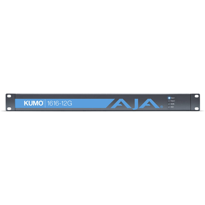AJA KUMO 1616-12G is a compact 1RU 12G-SDI router with 16 inputs and 16 outputs, designed for high-bandwidth video routing in professional workflows.