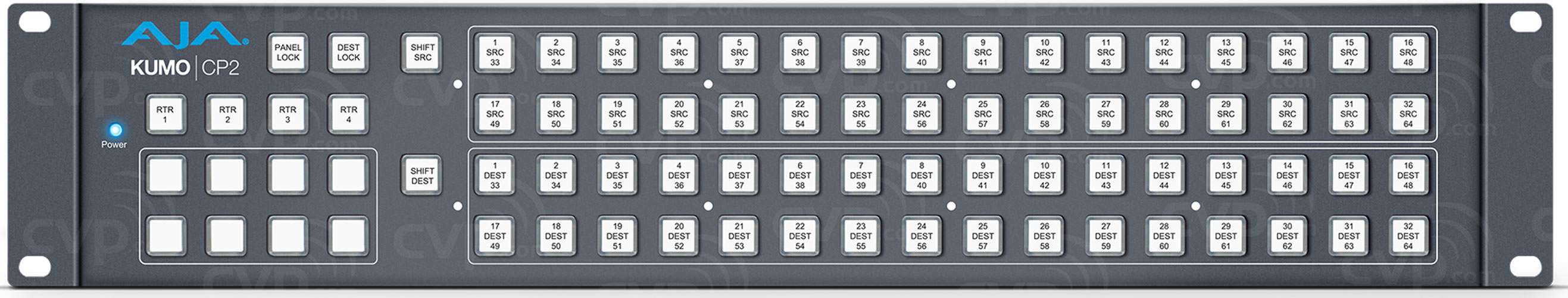 AJA KUMO CP2 R0 control panel with a 2RU design, featuring illuminated buttons and an intuitive interface for remote and direct control of AJA KUMO video routers.
