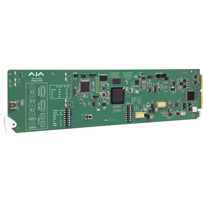 AJA OG-FS-MINI openGear-compatible frame synchronizer card with SDI input/output, designed for integration into openGear frames.