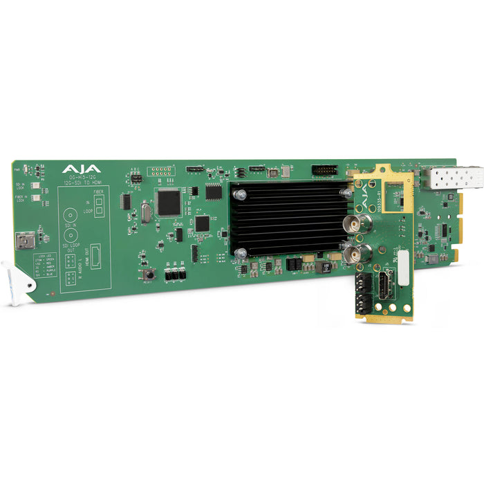 AJA OG-Hi5-12G – OpenGear 12G-SDI to HDMI 2.0 converter with HDR support, embedded audio, and compatibility with OpenGear frames for high-quality signal conversion.