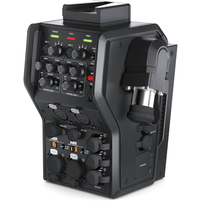 Blackmagic Design Camera Fiber Converter (CINEURSANWFRCAM): A compact, professional SMPTE fiber converter designed for URSA Broadcast and URSA Mini cameras, featuring 12G-SDI input, multiple 3G-SDI outputs, XLR audio inputs, and built-in talkback support for long-distance video transmission.
