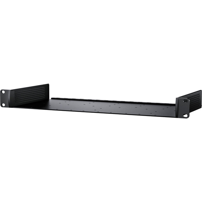 The Blackmagic Design Universal Rack Shelf (model CONVNTRM/YA/RSU) is a 1 RU rack-mountable shelf designed to accommodate various Blackmagic devices. It supports 1/3, 1/2, and 2/3 rack-width units, allowing users to securely rack-mount combinations of devices such as HyperDeck Studio Minis, Teranex Mini Converters, Web Presenters, and ATEM TV Studio HD. The shelf includes blanking plates and mounting screws for easy installation.