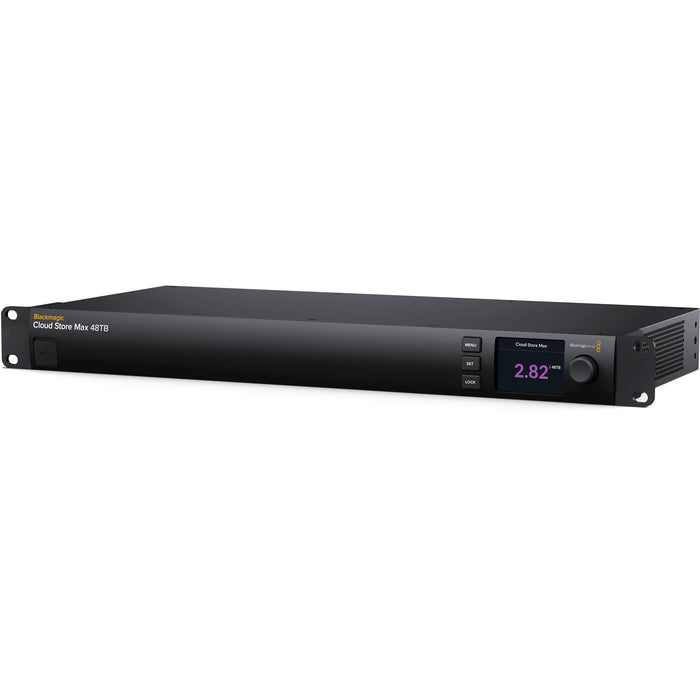 Blackmagic Design Cloud Store Max 48TB features 48TB of NVMe SSD storage, 1RU rackmount design, 4 x 10GBASE-T Ethernet ports, and cloud sync support for seamless collaboration.