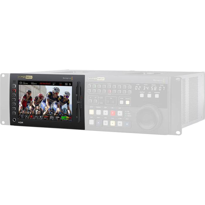 Blackmagic HyperDeck Extreme 8K HDR with 12G-SDI and HDMI I/O, 7-inch touchscreen, ProRes/H.265 recording, and 64-channel embedded audio support.