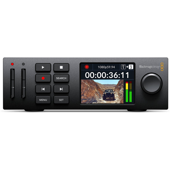 Blackmagic HyperDeck Studio HD Plus with 6G-SDI, HDMI I/O, dual SD card slots, USB-C external recording, ProRes/DNxHD support, and compact 1RU design.