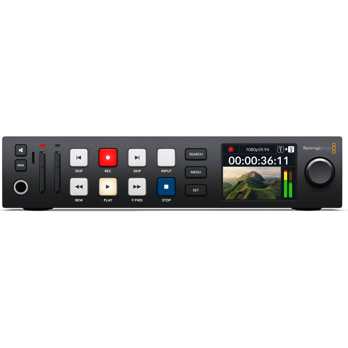 Blackmagic HyperDeck Studio HD with 6G-SDI and HDMI I/O, dual SD card slots, USB-C external recording, ProRes/DNxHD support, and compact 1RU design.