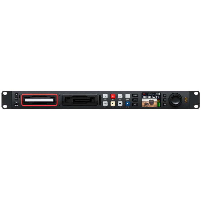 Blackmagic HyperDeck Studio 4K Pro with 12G-SDI, HDMI I/O, dual SD card slots, USB-C recording, ProRes/DNxHD support, and compact 1RU design.
