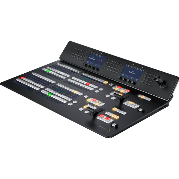 Blackmagic Design ATEM 2 M/E Advanced Panel 20 (SWPANELADV2ME20) is a professional broadcast control panel for live production. It features two M/E rows with 20 programmable input buttons per row, customizable LCD labeling, dedicated keyer controls, a 3-axis joystick for DVE control, and a T-bar fader for transitions. The panel includes multiple Ethernet ports with PoE support, dual power inputs, and a compact, durable design for rack-mounted use.