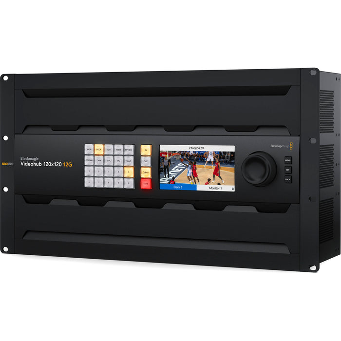 Blackmagic Design Videohub 120x120 12G - 120x12G-SDI inputs and 120x12G-SDI outputs, zero-latency routing, SDI re-clocking, Ethernet control, redundant power, and software support.