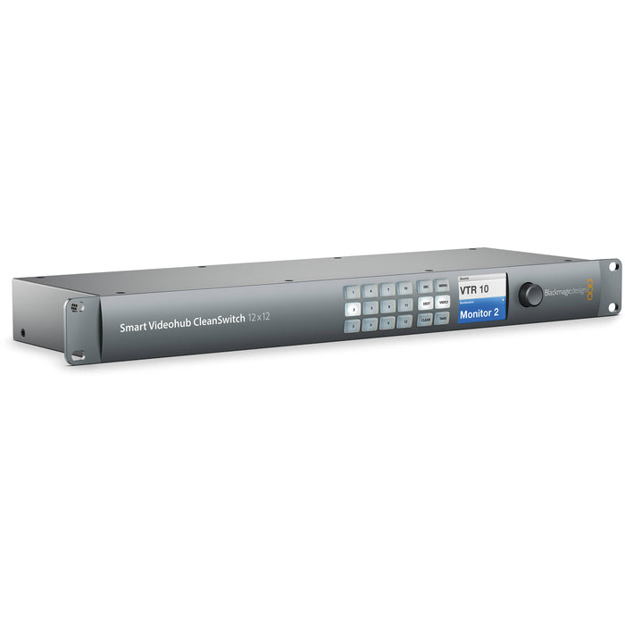 Blackmagic Design Smart Videohub CleanSwitch 12x12 6G-SDI - 12x6G-SDI inputs and outputs, auto format switching, SDI re-clocking, Ethernet control, and 1RU design.