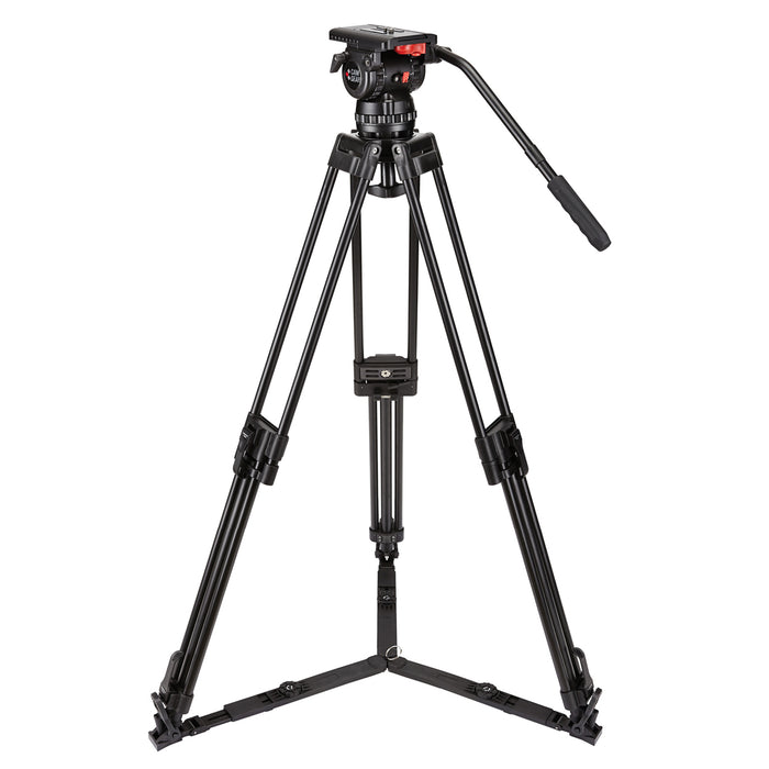 Camgear V15P AL GS Camera Tripod System featuring a V15P Fluid Head, two-stage aluminum tripod, pan bar, ground spreader, and padded carrying bag for professional video production.