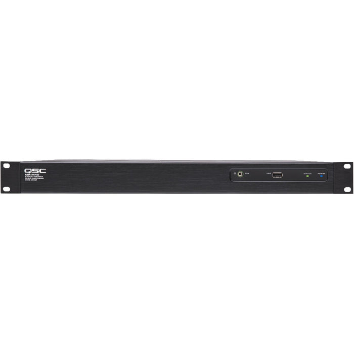 Q-SYS MP-M40 digital audio processor module featuring a sleek design, part of QSC’s integrated Q-SYS control ecosystem for professional AV systems.