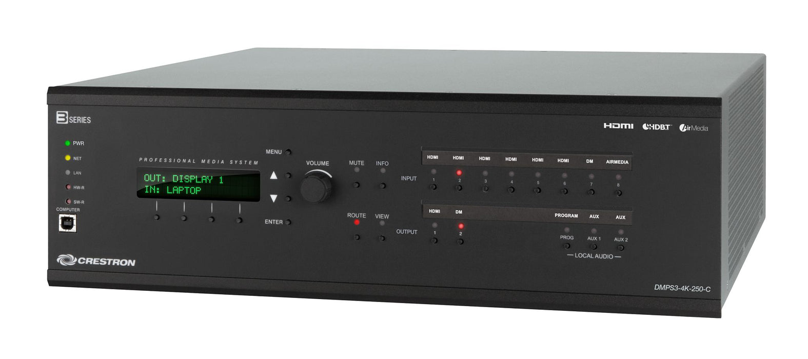 Crestron DMPS3-4K-250-C all-in-one 4K presentation system with built-in DigitalMedia™ switcher, control processor, and 250W amplifier.