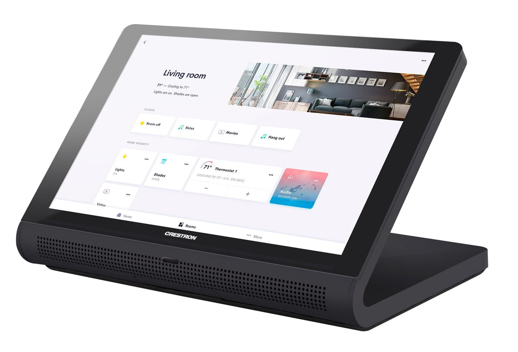 Crestron TS-770R-B 7-inch Tabletop Touch Screen displaying Crestron Home OS interface (Black)