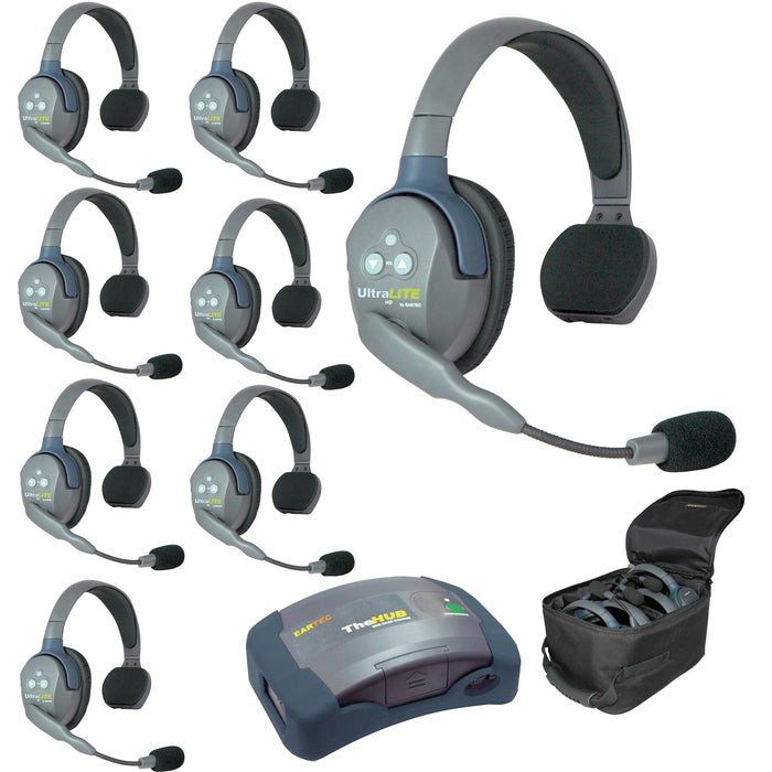 EARTEC HUB8S Wireless Intercom System – 8-User Full-Duplex Communication with HUB Base, UltraLITE Headsets, and Rechargeable Batteries for Team Coordination.