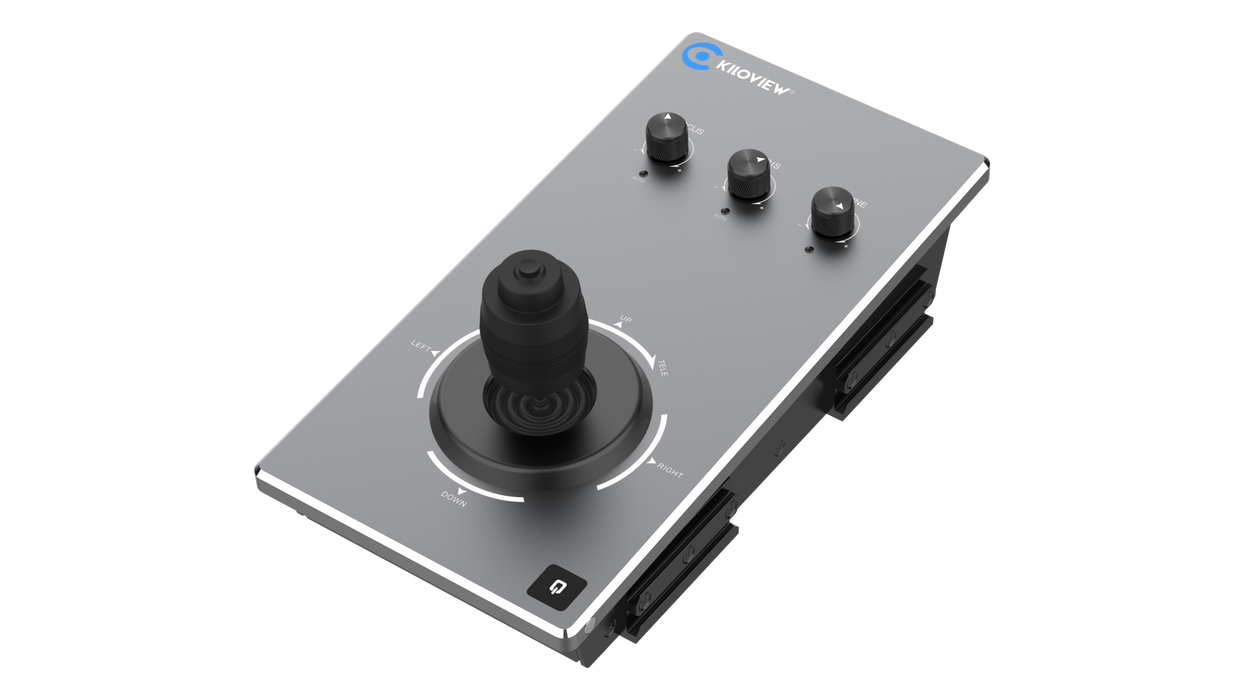 Kiloview DQ-01 PTZ deck controller with joystick, control knobs, and tally lights for live camera production control.