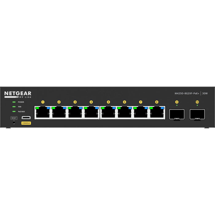 "Netgear GSM4210PX-100NAS 8-Port Gigabit PoE+ Managed Switch with SFP (220W) for high-performance AV networking and system integration.