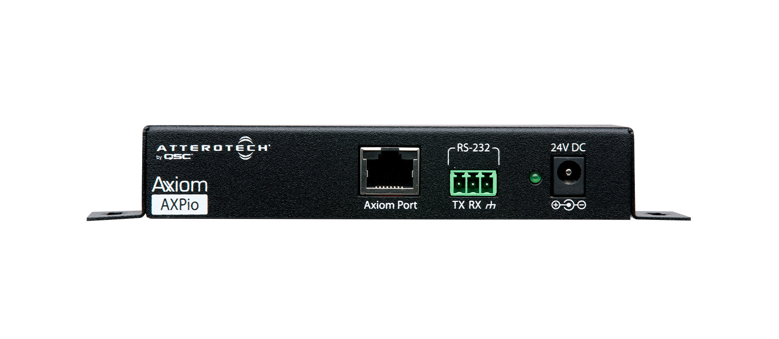 Q-SYS AXPIO audio and control expansion module for seamless integration within the Q-SYS ecosystem, offering flexible I/O options and networked connectivity.
