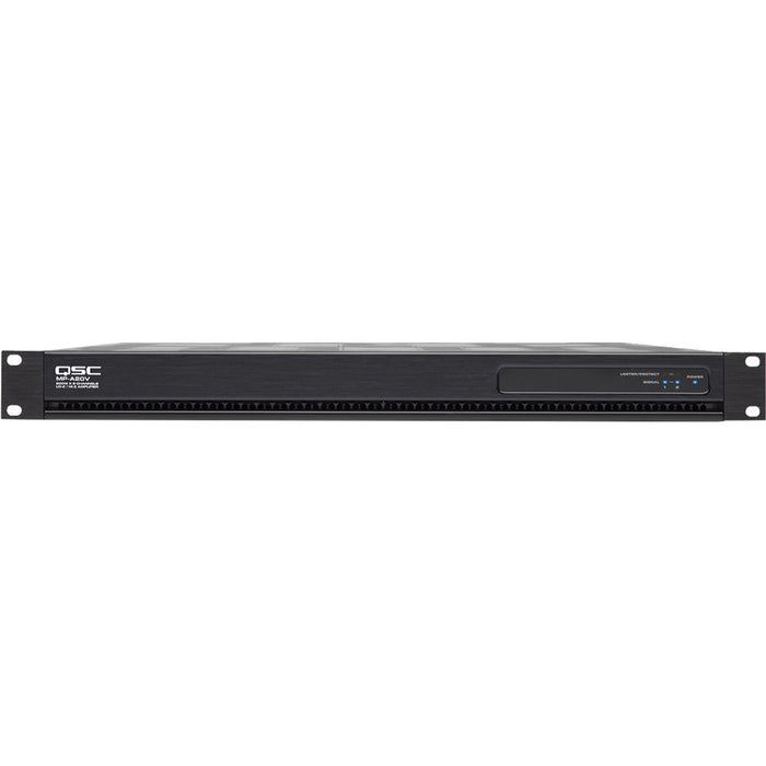 Q-SYS MP-A40V multi-channel amplifier with 400W power output, flexible channel configurations, and efficient Class-D technology for commercial audio systems.