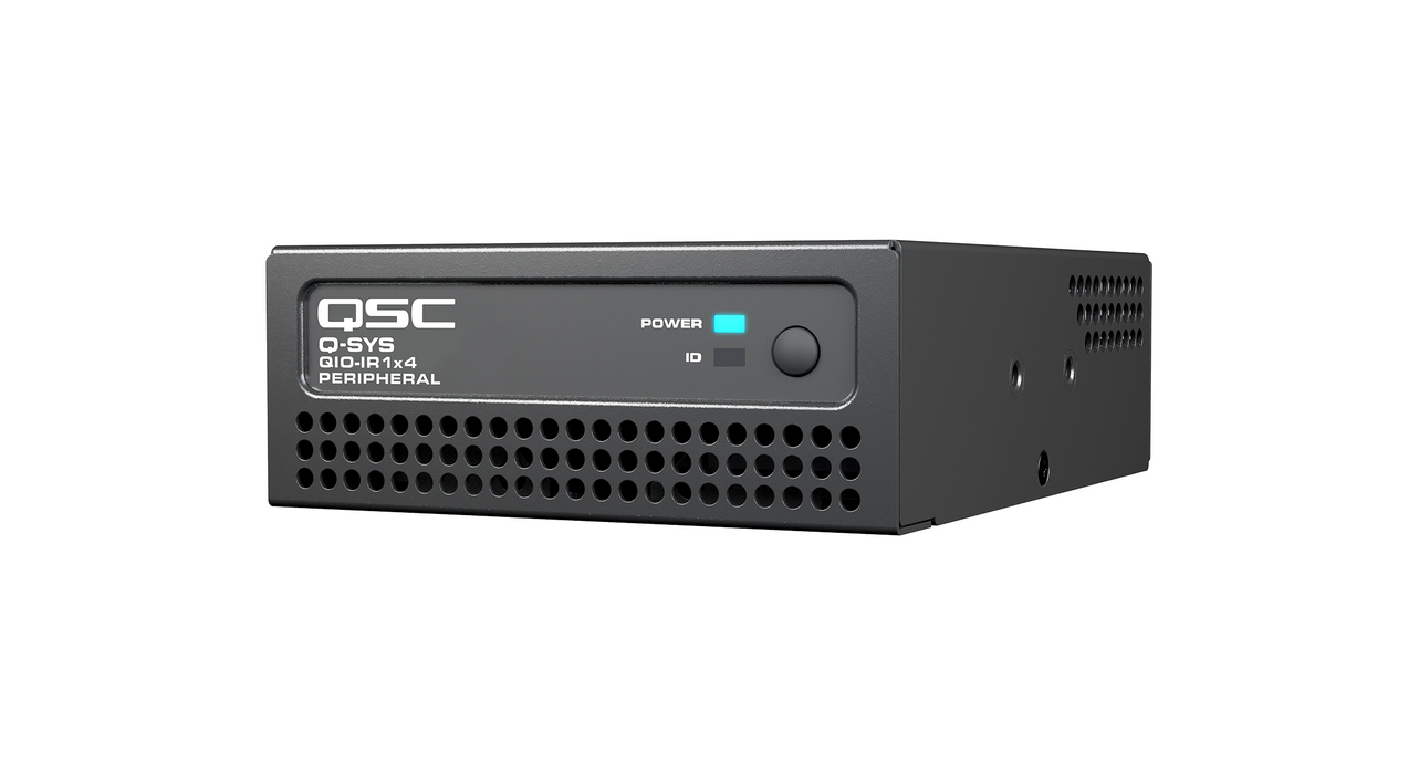 Q-SYS QIO-IR1x4 IR Control Expander for seamless AV system integration, offering one IR input and four IR outputs for expanded device control.