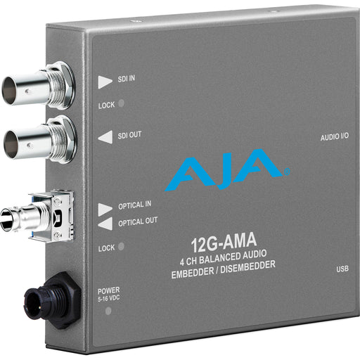 AJA 12G-AMA-T-ST compact audio embedder/disembedder with single-channel LC ST fiber transmitter, supporting 12G-SDI for 4K/UltraHD workflows.