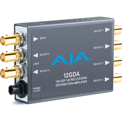 AJA 12GDA compact 1x6 12G-SDI distribution amplifier with support for 4K/UltraHD video and automatic input equalization.
