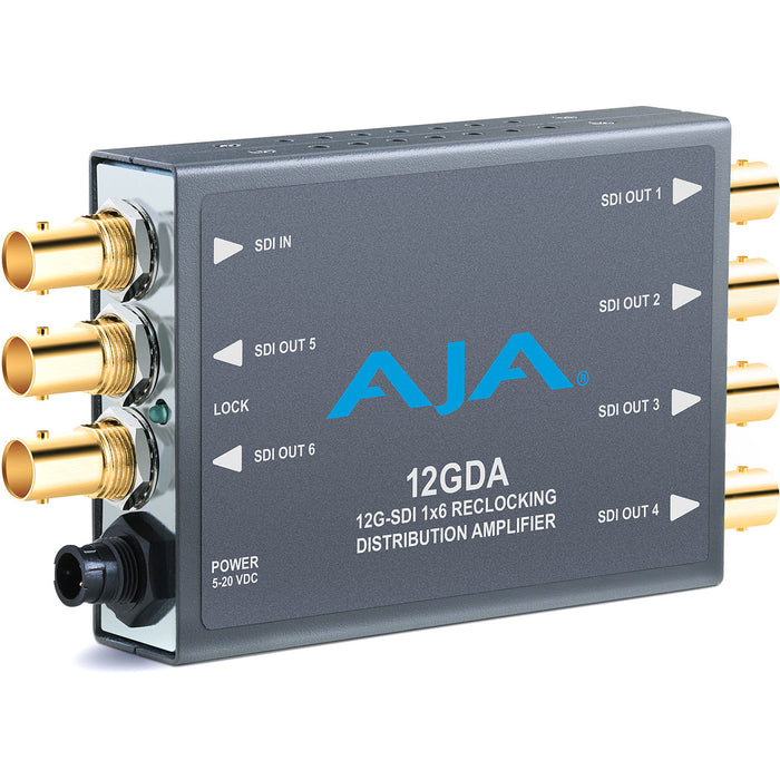 AJA 12GDA compact 1x6 12G-SDI distribution amplifier with support for 4K/UltraHD video and automatic input equalization.