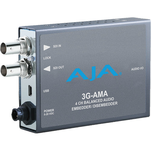 AJA 3G-AMA compact 4-channel analog audio embedder/disembedder with 3G-SDI support for HD/2K video workflows.