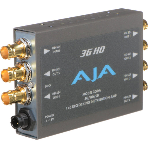 AJA 3GDA compact 1x6 3G-SDI distribution amplifier with reclocking, supporting HD and SD-SDI video formats for professional workflows.
