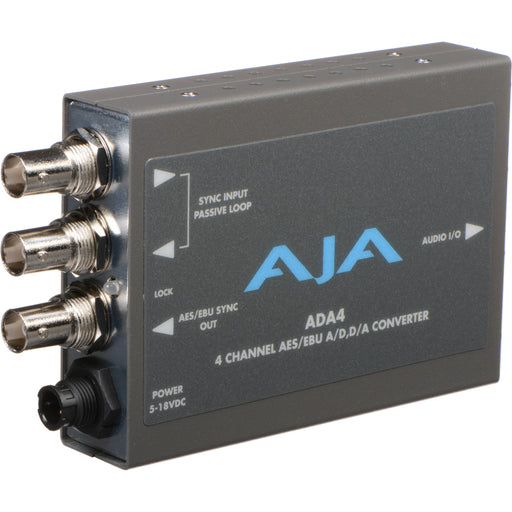 AJA ADA4 compact 4-channel bidirectional audio A/D and D/A converter with XLR connectivity and support for AES and analog audio formats.