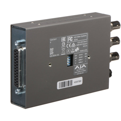 AJA ADA4 compact 4-channel bidirectional audio A/D and D/A converter with XLR connectivity and support for AES and analog audio formats.