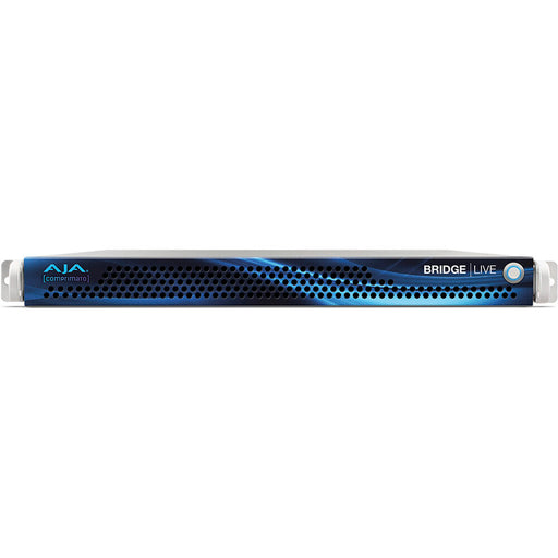 AJA BRIDGE LIVE 12G turnkey system for multi-channel video encoding, decoding, streaming, and transcoding; supports up to 4 HD or 1 UltraHD channel; 1RU form factor.