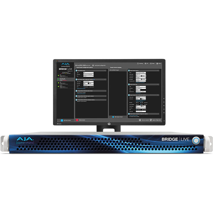 AJA BRIDGE LIVE 12G turnkey system for multi-channel video encoding, decoding, streaming, and transcoding; supports up to 4 HD or 1 UltraHD channel; 1RU form factor.