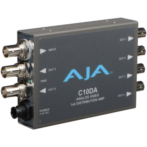 AJA C10DA compact 1x6 analog video distribution amplifier with adjustable gain and support for composite or component video signals.