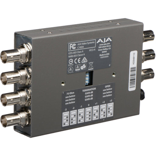 AJA C10DA compact 1x6 analog video distribution amplifier with adjustable gain and support for composite or component video signals.