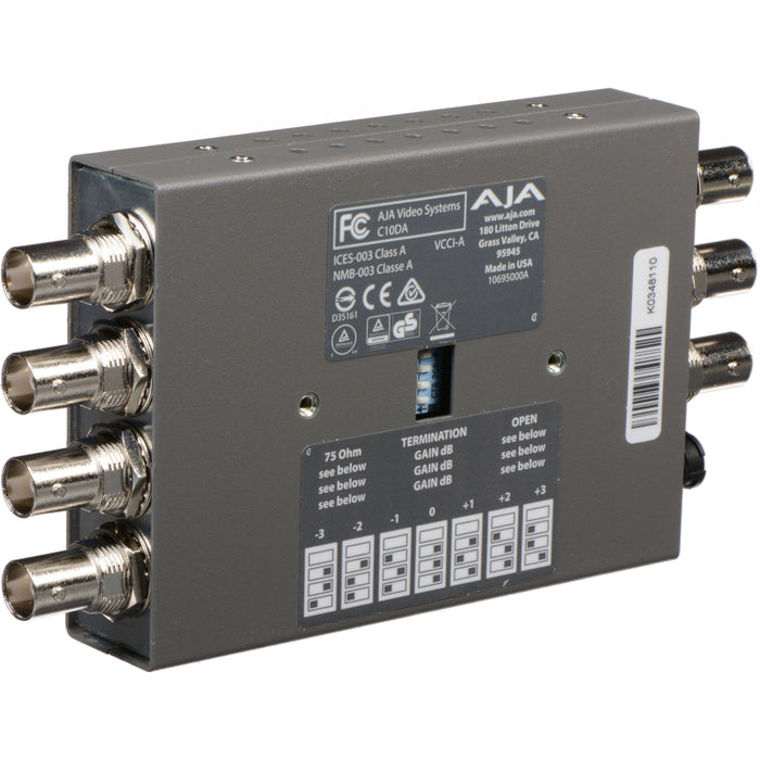 AJA C10DA compact 1x6 analog video distribution amplifier with adjustable gain and support for composite or component video signals.