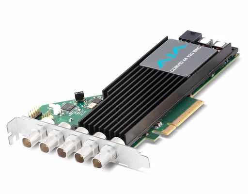 AJA Corvid 44 CRV44-12G-R0-21 12G-SDI PCIe 3.0 x8 I/O card with four bidirectional 12G-SDI HD-BNC connectors, tall bracket, and active cooling fan.