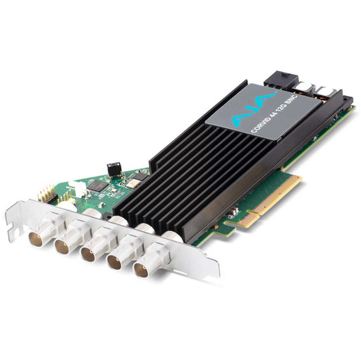 AJA CRV44-12G-R0-22 12G-SDI PCIe 3.0 x8 I/O card featuring four bidirectional full-size BNC connectors, passive cooling, and tall bracket design.