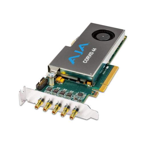 AJA CRV44-S-NC1 Corvid 44 8-lane PCIe 2.0 video I/O card featuring four bidirectional 3G-SDI BNC connectors, low-profile bracket, and no cables included.
